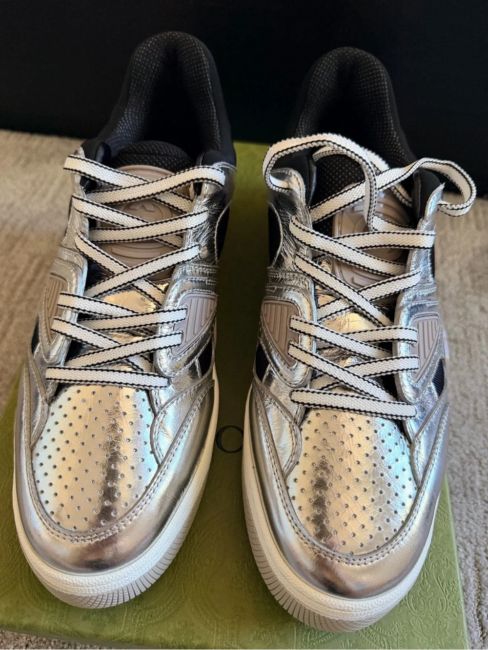 Gucci Metallic Silver and Black Athletic Sneakers